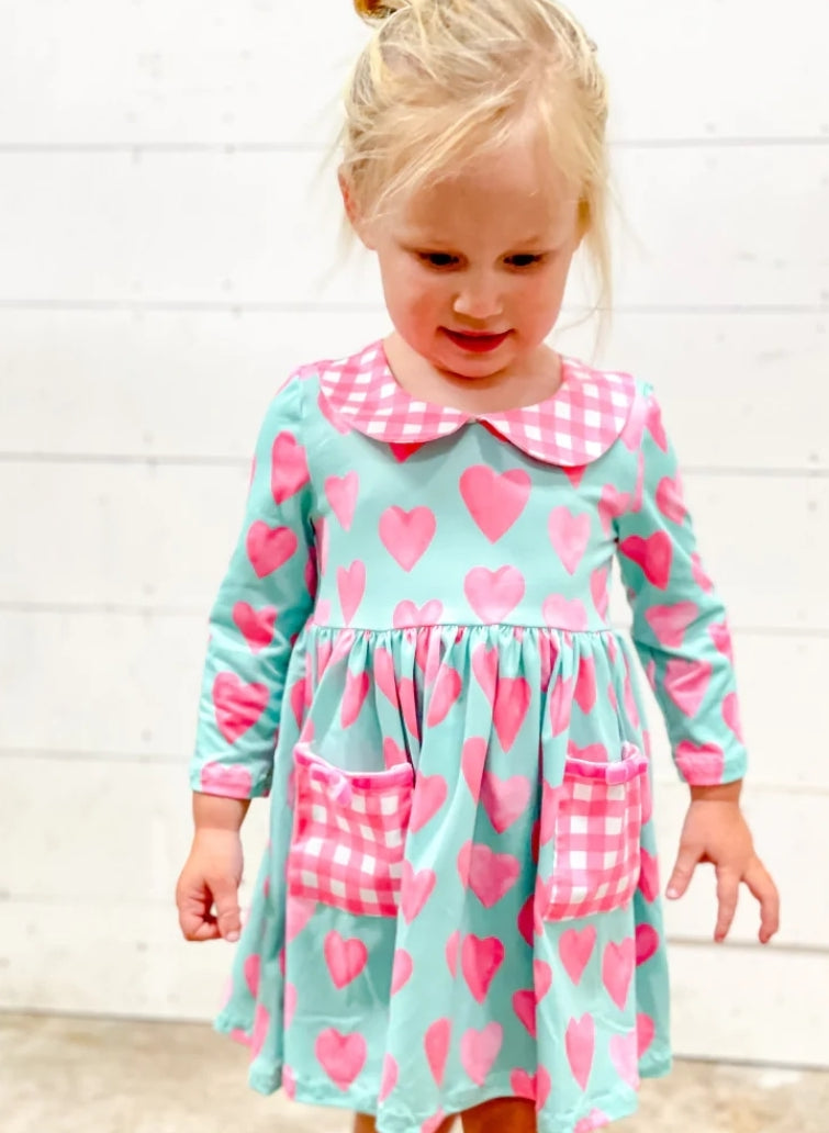 Pink Hearts on Teal Dress