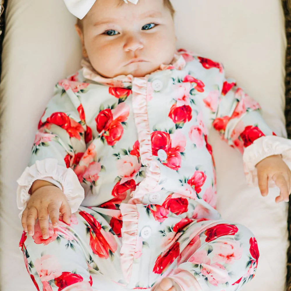 Watercolor Roses Ruffle Buttflap Pajamas